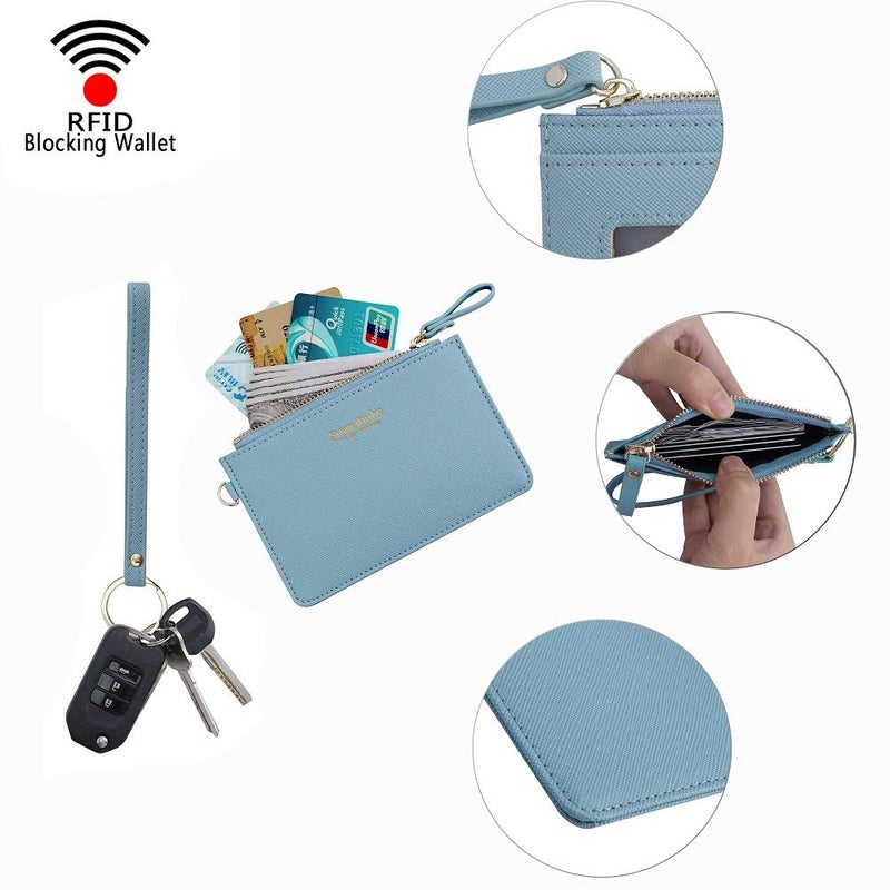 Aiyo Nice Women Slim RFID Card Case Holder Wristlet Zip ID Case Wallet Small Leather Wallet Coin Purse with Keychain (Blue) - Image 5